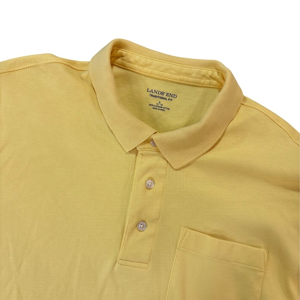 LANDS END Polo Shirt Mens L Yellow‎ Supima Cotton Short Sleeve Traditional Fit